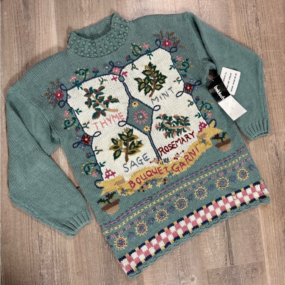 NWT Vintage Cotton Ramie Floral Embroidered Handknit 3D Sweater in Sage Green